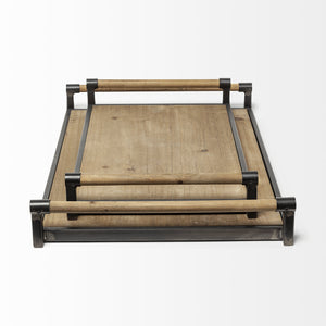 S/2 Light Brown Wood With Matte Black Metal Frame And Two Handles Trays