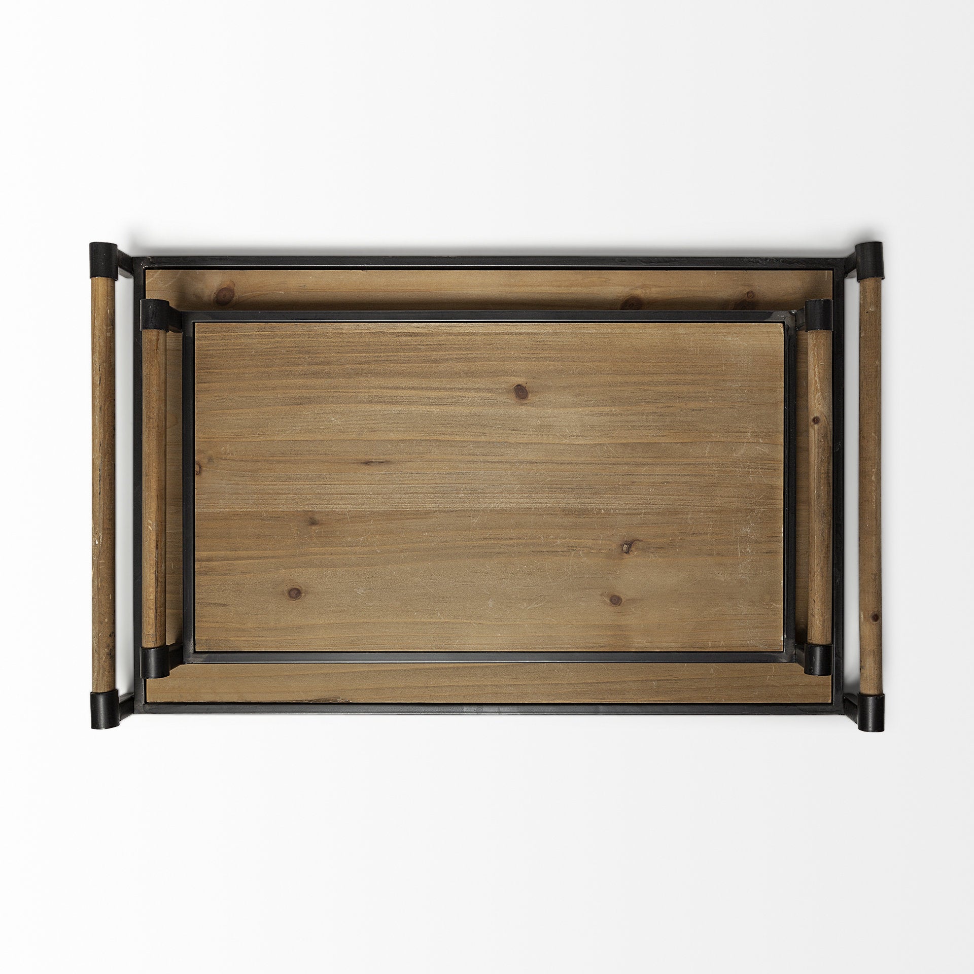 S/2 Light Brown Wood With Matte Black Metal Frame And Two Handles Trays
