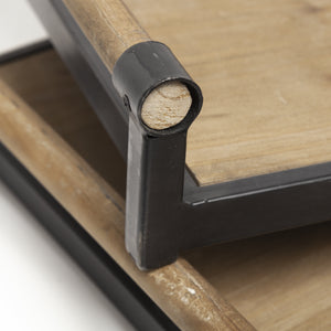 S/2 Light Brown Wood With Matte Black Metal Frame And Two Handles Trays