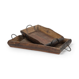 S/2 Medium Brown Recycled Wood With Flaunt Metal Handles Trays