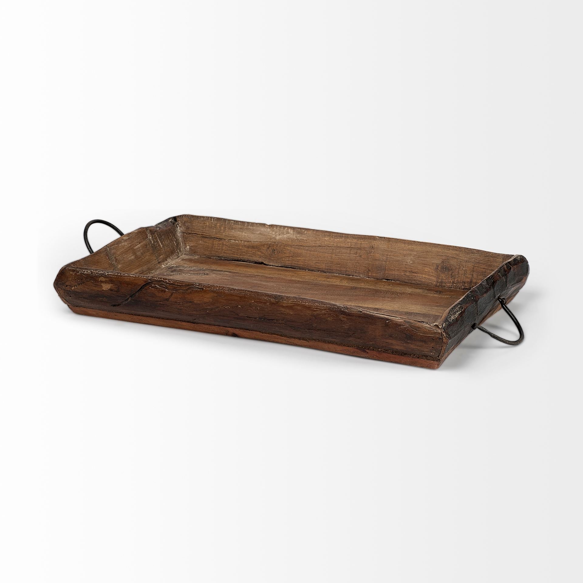 S/2 Medium Brown Recycled Wood With Flaunt Metal Handles Trays