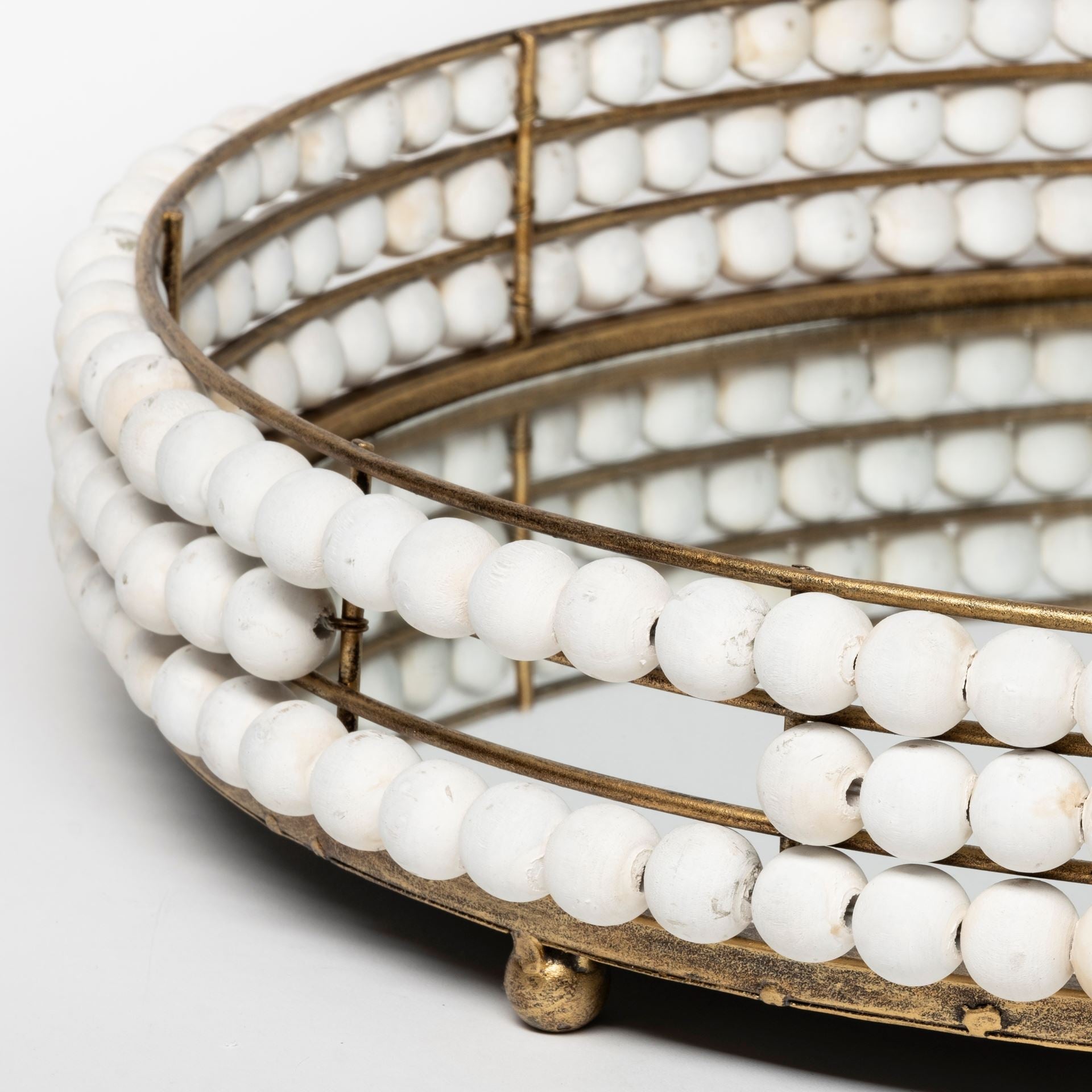 21" Ggold Metal With Wooden Bead Frame And Mirrored Glass Bottom Round Tray