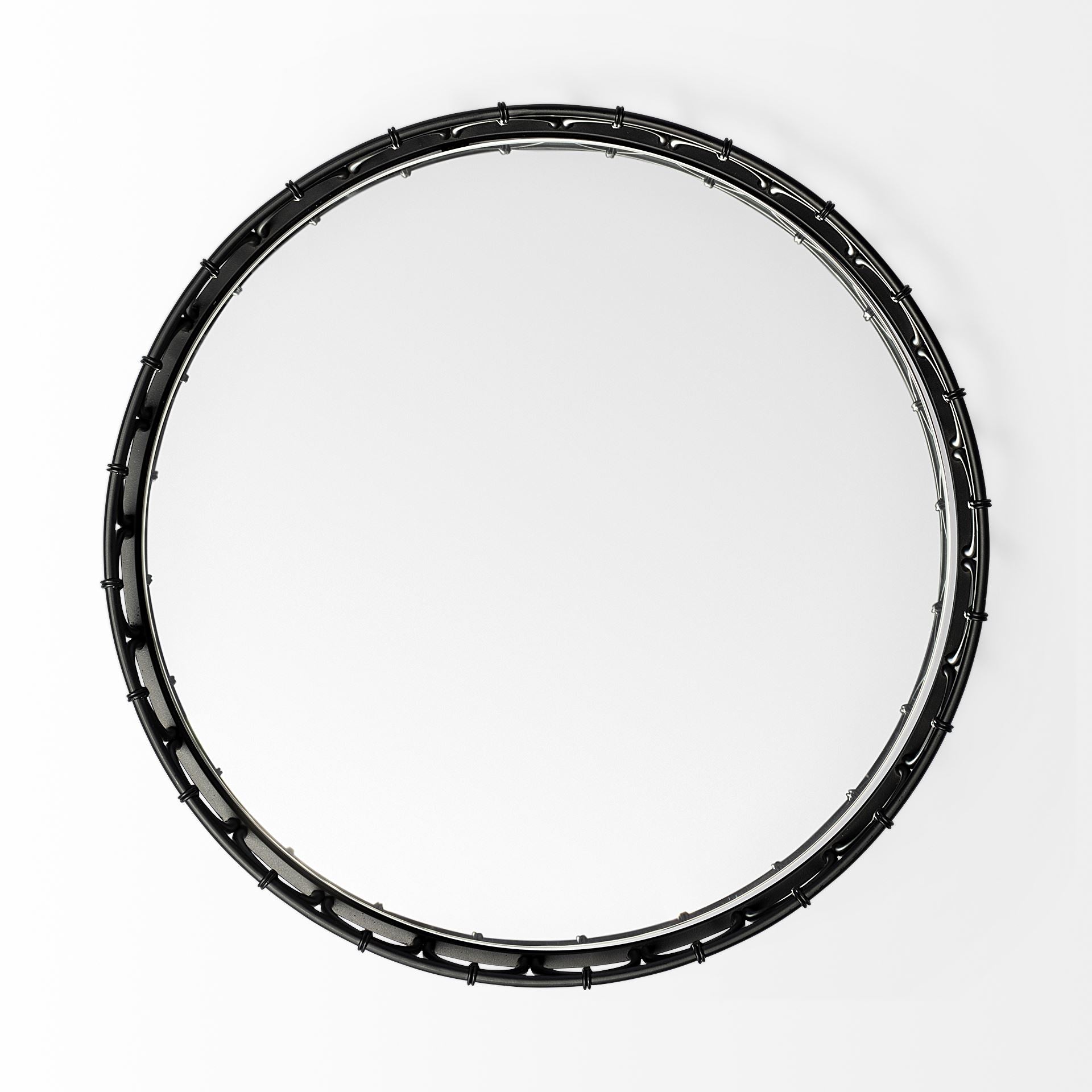 20" Matte Black Metal With Intricately Railings And Mirrored Glass Bottom Round Tray