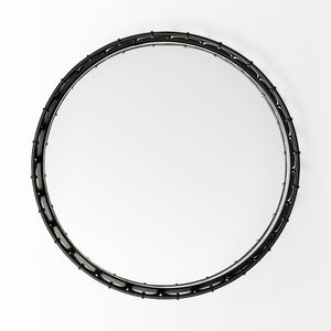 20" Matte Black Metal With Intricately Railings And Mirrored Glass Bottom Round Tray