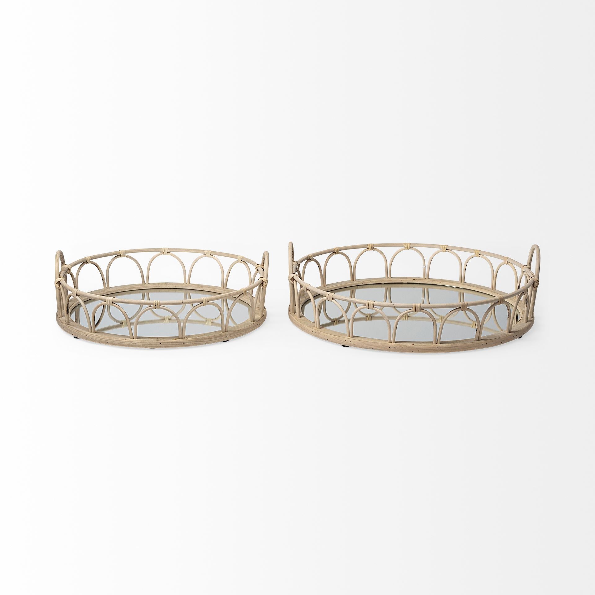 S/2 20" Natural Blonde Wood With Intricately Railings And Mirrored Glass Bottom Round Tray