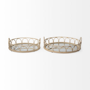 S/2 20" Natural Blonde Wood With Intricately Railings And Mirrored Glass Bottom Round Tray