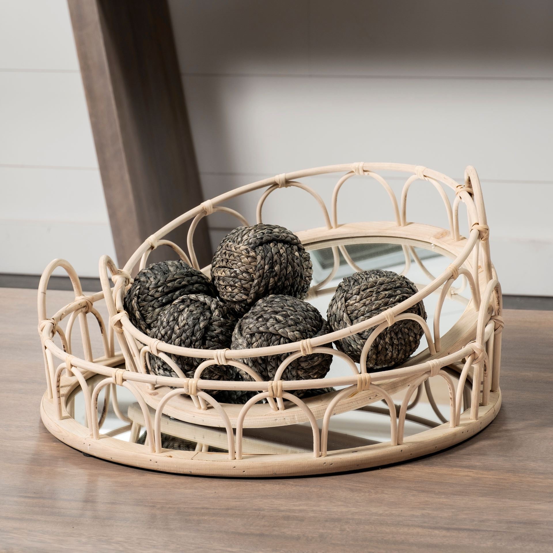 S/2 20" Natural Blonde Wood With Intricately Railings And Mirrored Glass Bottom Round Tray