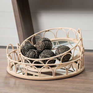 S/2 20" Natural Blonde Wood With Intricately Railings And Mirrored Glass Bottom Round Tray