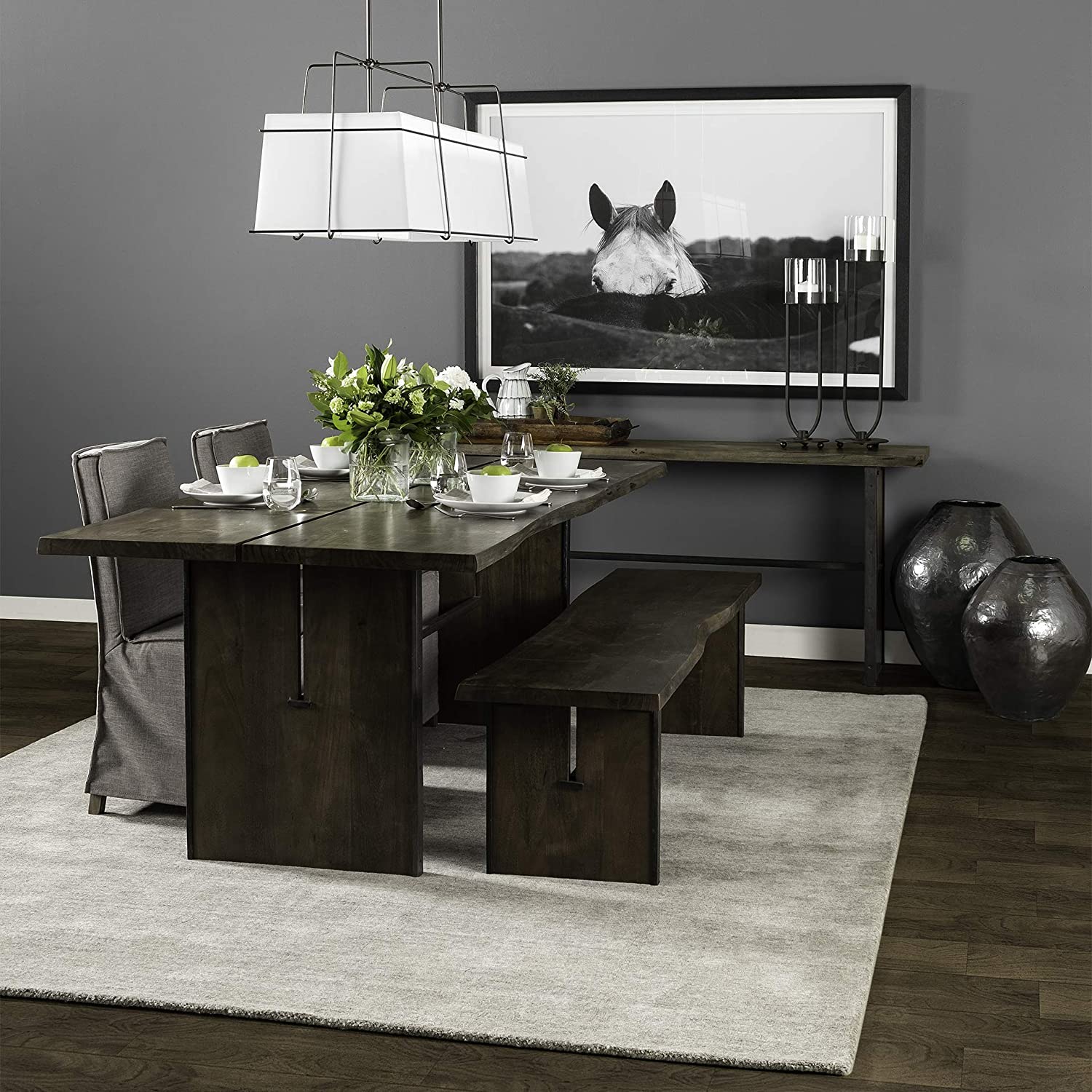 Rectangular Indian Mango Wood/Brown Tone Finish W/ Metal Cladding On The Base Dining Bench