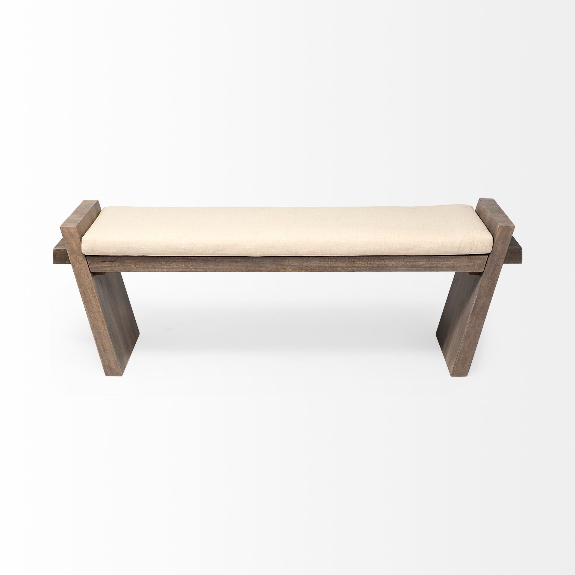 Rectangular Mango Wood/Natural-Brown Polished W/ Upholstered Cream Seat Entryway Bench