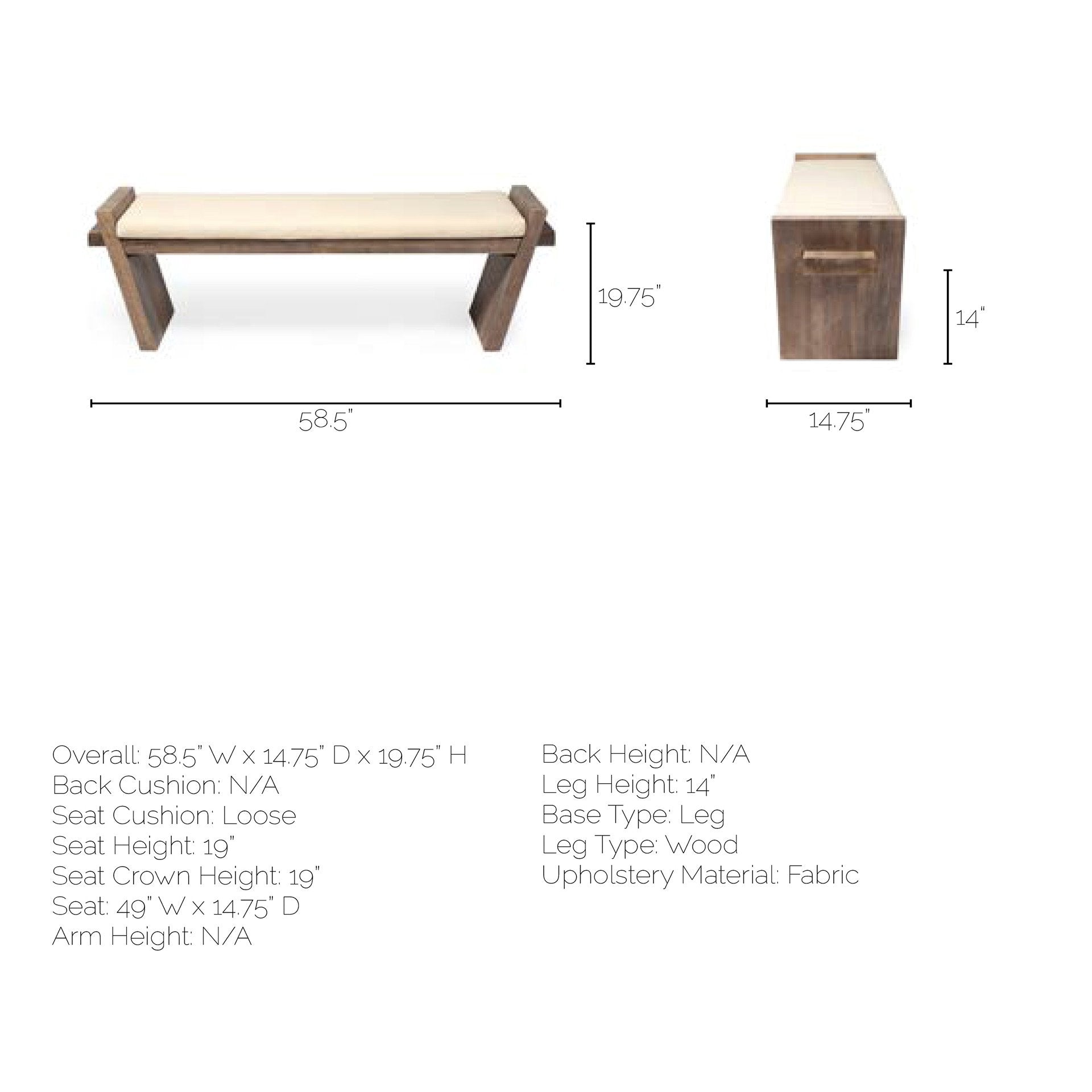 Rectangular Mango Wood/Natural-Brown Polished W/ Upholstered Cream Seat Entryway Bench
