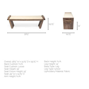 Rectangular Mango Wood/Natural-Brown Polished W/ Upholstered Cream Seat Entryway Bench