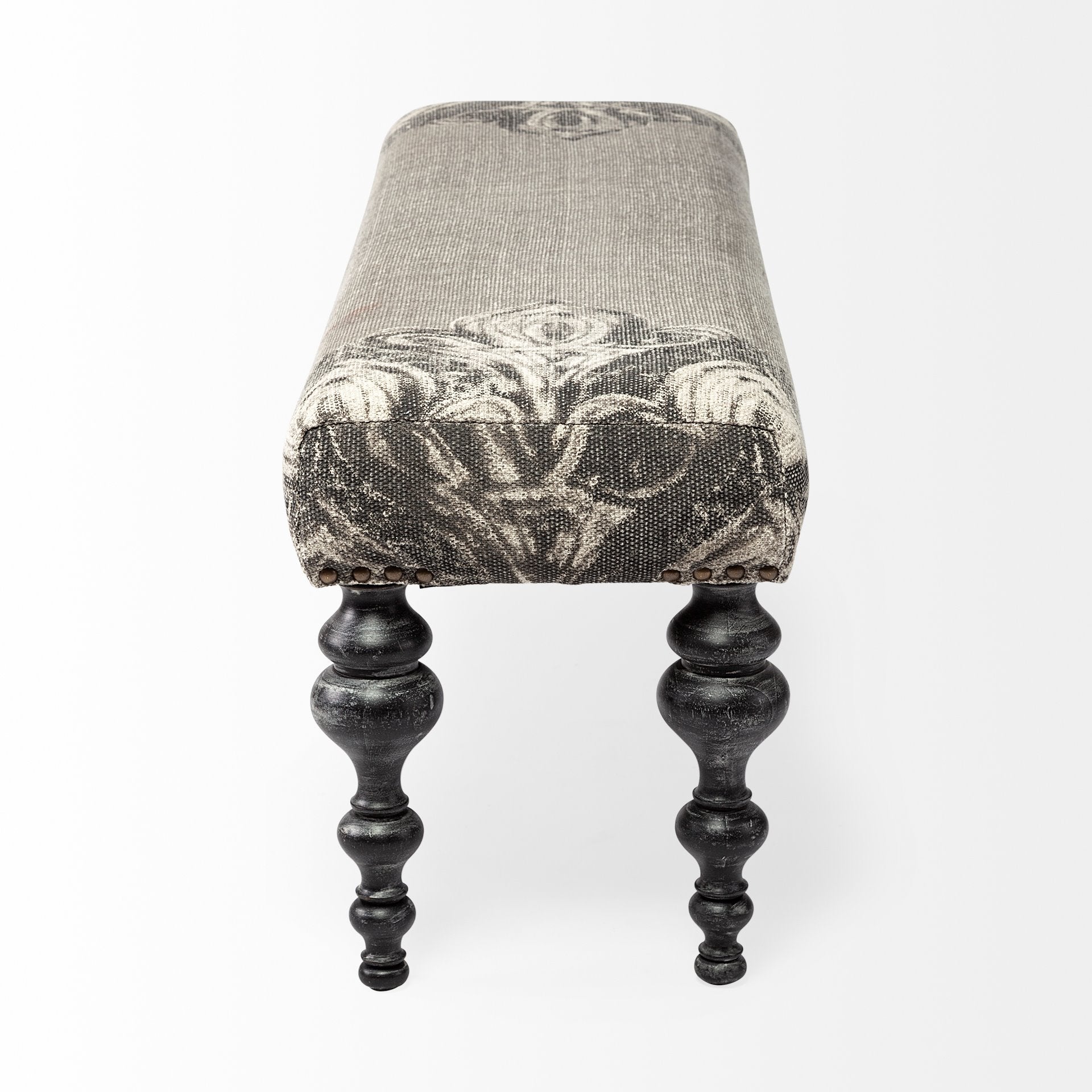 Rectangular Solid Wood/Brown Finish W/ Upholstered Gray Seat Dark Wood Legs Accent Bench