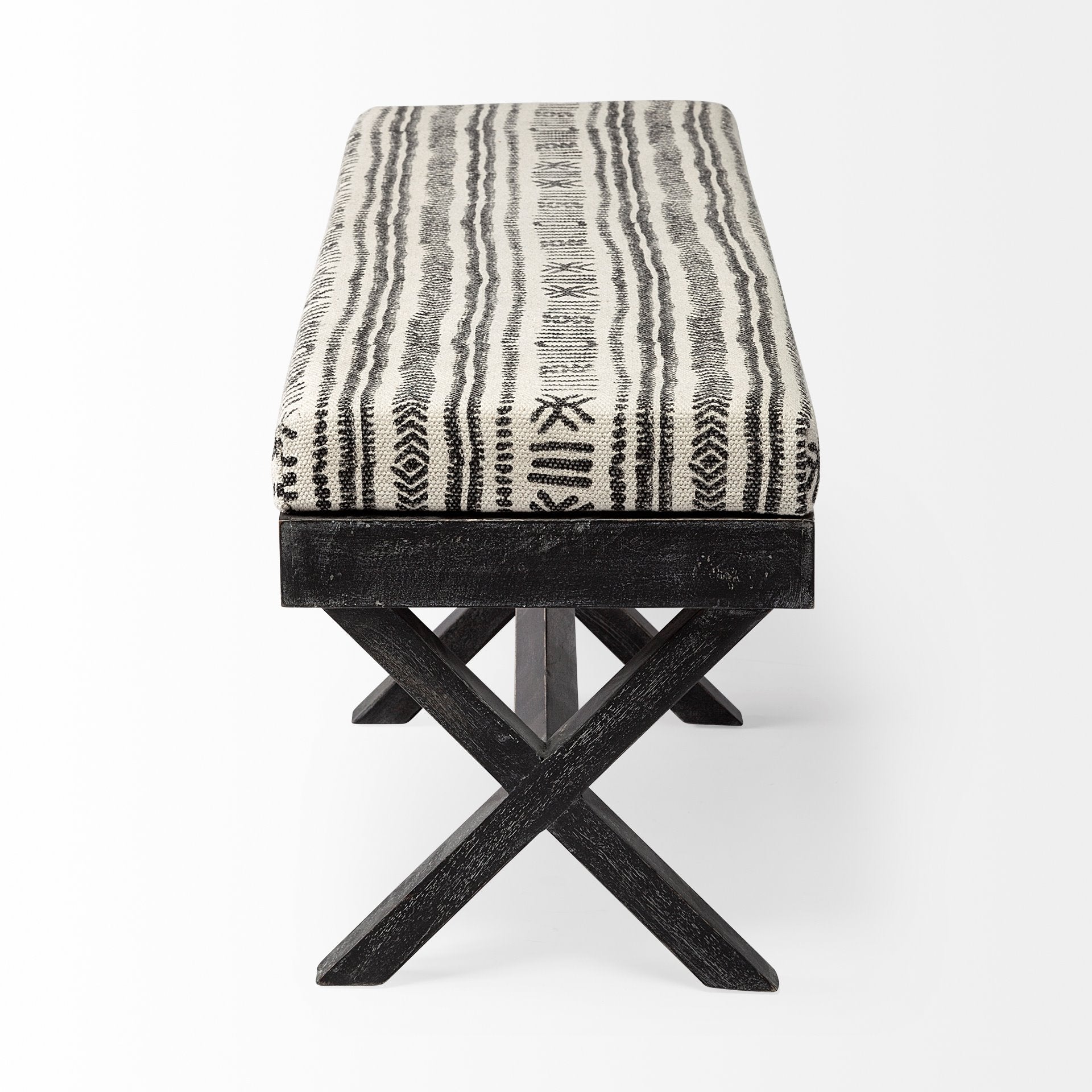 Rectangular Indian Mango Wood/Dark-Brown Finish W/ Upholstered Gray And White Patterned Seat Accent Bench