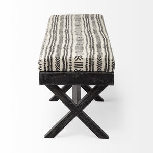 Rectangular Indian Mango Wood/Dark-Brown Finish W/ Upholstered Gray And White Patterned Seat Accent Bench