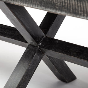 Rectangular Indian Mango Wood/Dark-Brown Finish W/ Upholstered Gray And White Patterned Seat Accent Bench