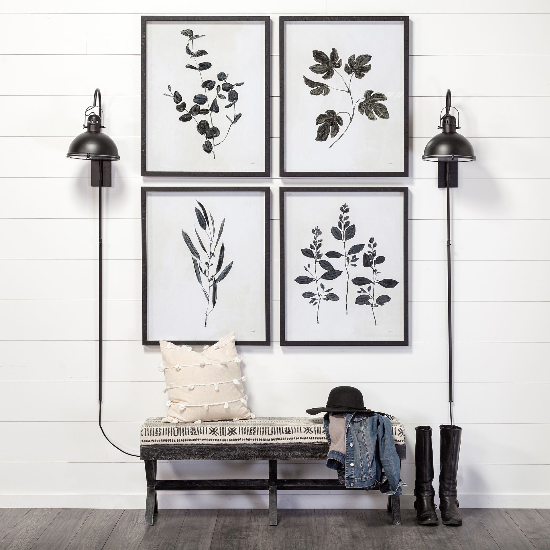 Rectangular Indian Mango Wood/Dark-Brown Finish W/ Upholstered Gray And White Patterned Seat Accent Bench