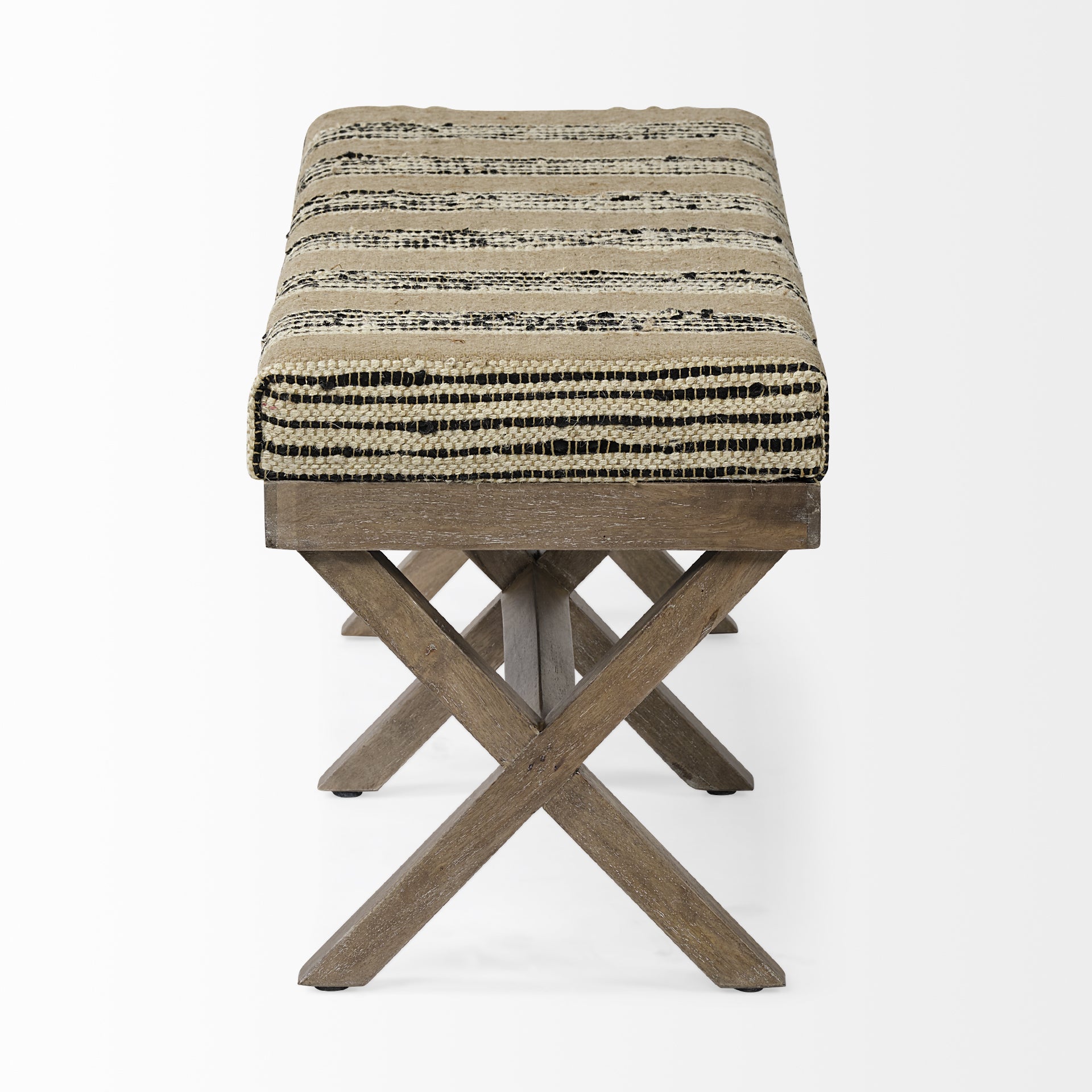 Rectangular Mango Wood/ Medium Brown Base W/ Upholstered Beige And Black Stripe Seat Accent Bench