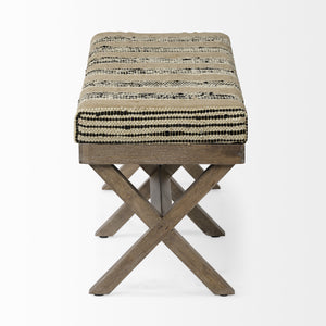 Rectangular Mango Wood/ Medium Brown Base W/ Upholstered Beige And Black Stripe Seat Accent Bench
