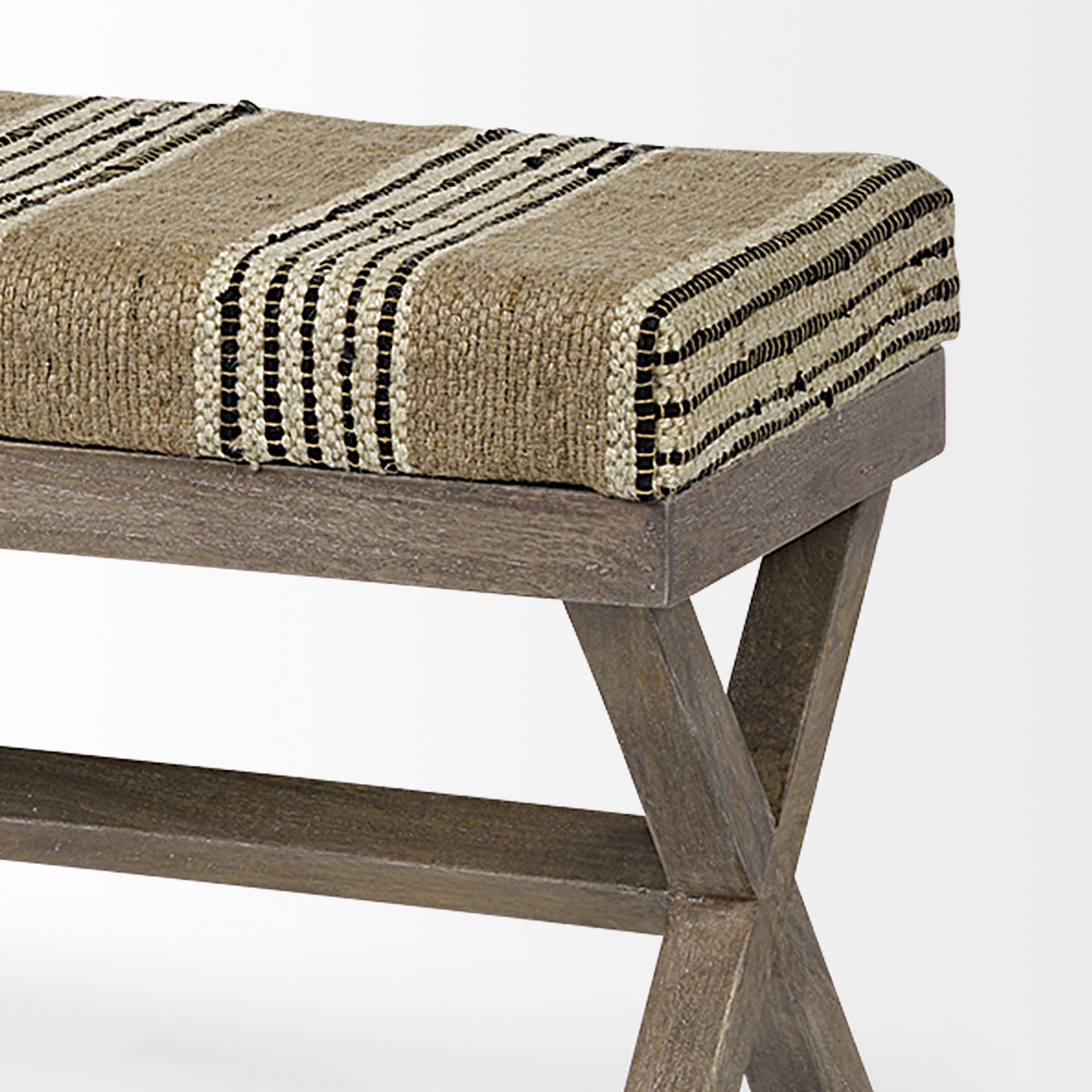 Rectangular Mango Wood/ Medium Brown Base W/ Upholstered Beige And Black Stripe Seat Accent Bench
