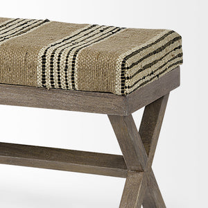 Rectangular Mango Wood/ Medium Brown Base W/ Upholstered Beige And Black Stripe Seat Accent Bench