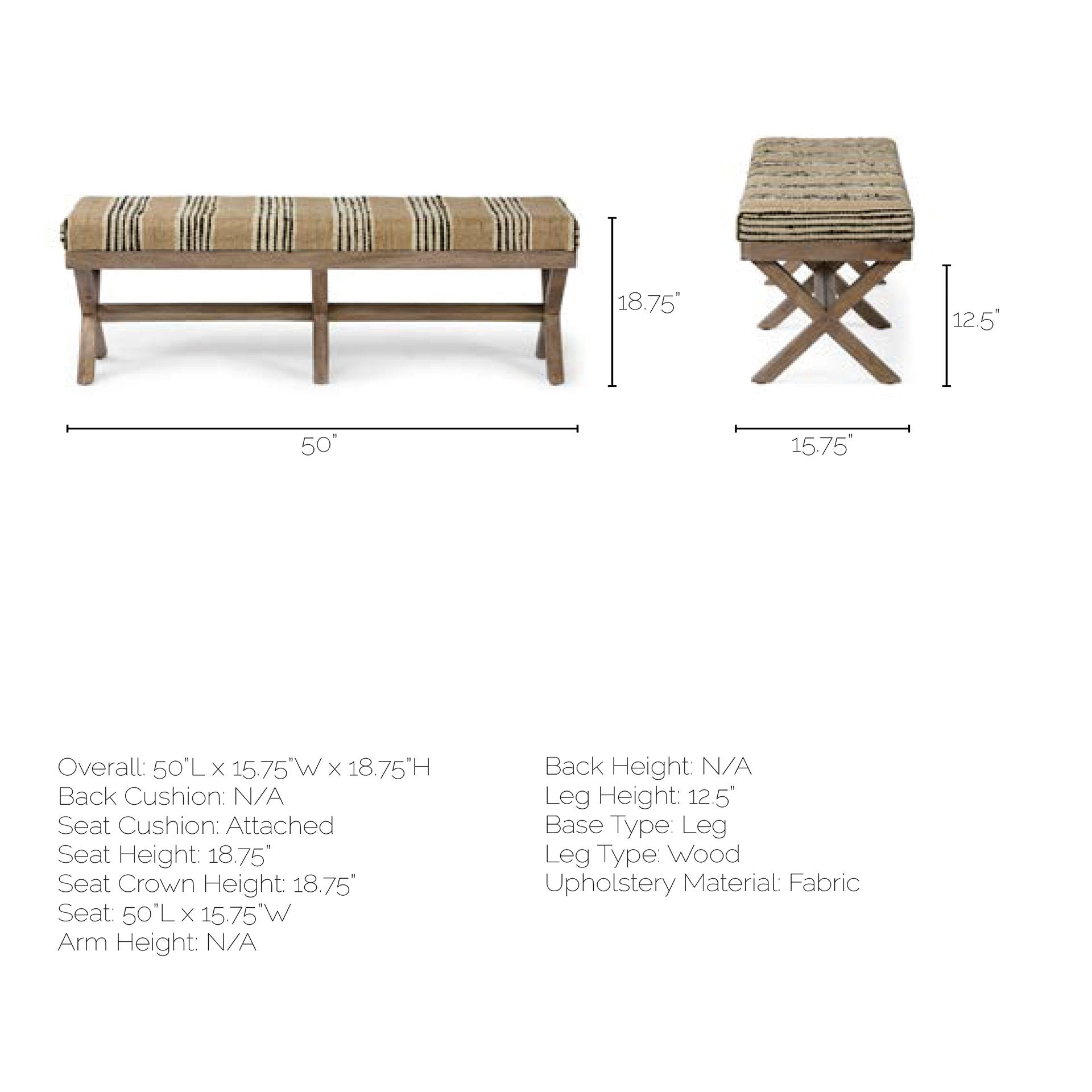 Rectangular Mango Wood/ Medium Brown Base W/ Upholstered Beige And Black Stripe Seat Accent Bench