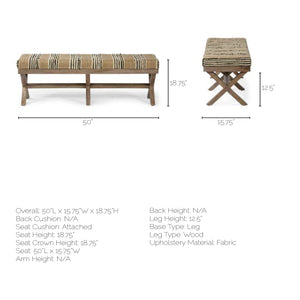 Rectangular Mango Wood/ Medium Brown Base W/ Upholstered Beige And Black Stripe Seat Accent Bench