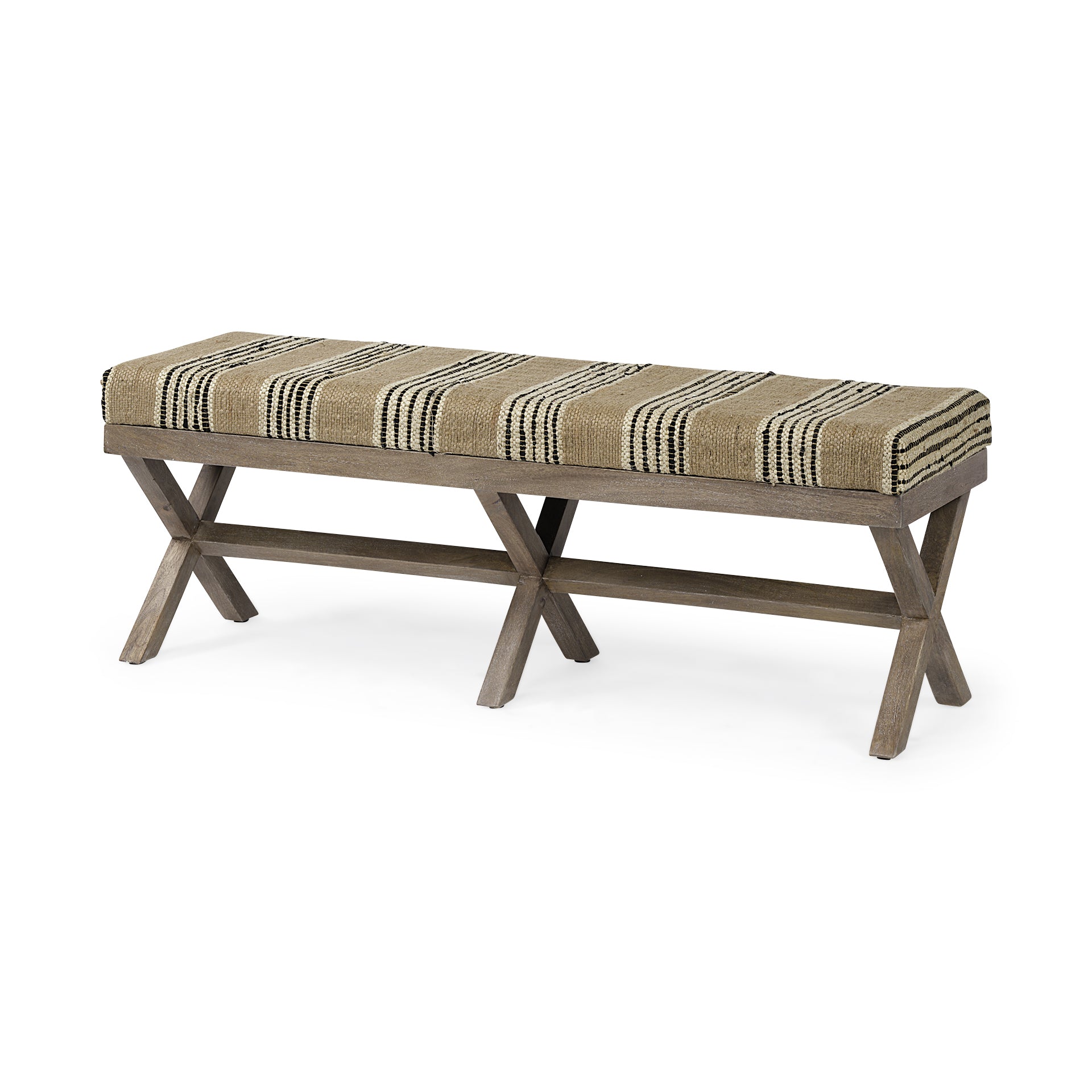 Rectangular Mango Wood/ Medium Brown Base W/ Upholstered Beige And Black Stripe Seat Accent Bench