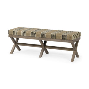 Rectangular Mango Wood/ Medium Brown Base W/ Upholstered Beige And Black Stripe Seat Accent Bench