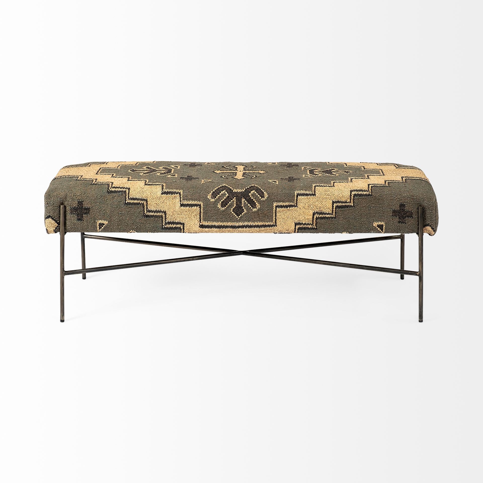 Rectangular Metal/Antiqued-Nickel Toned Base W/ Upholstered Tan Pattered Seat Accent Bench