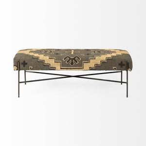 Rectangular Metal/Antiqued-Nickel Toned Base W/ Upholstered Tan Pattered Seat Accent Bench
