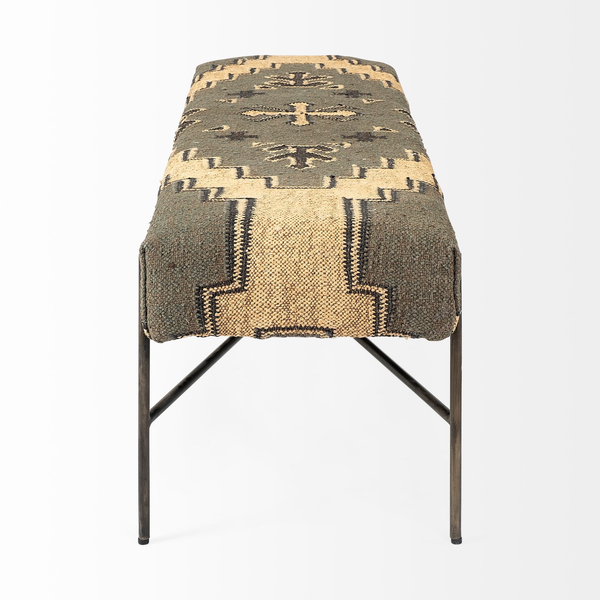 Rectangular Metal/Antiqued-Nickel Toned Base W/ Upholstered Tan Pattered Seat Accent Bench