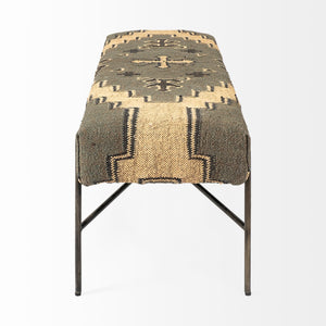 Rectangular Metal/Antiqued-Nickel Toned Base W/ Upholstered Tan Pattered Seat Accent Bench