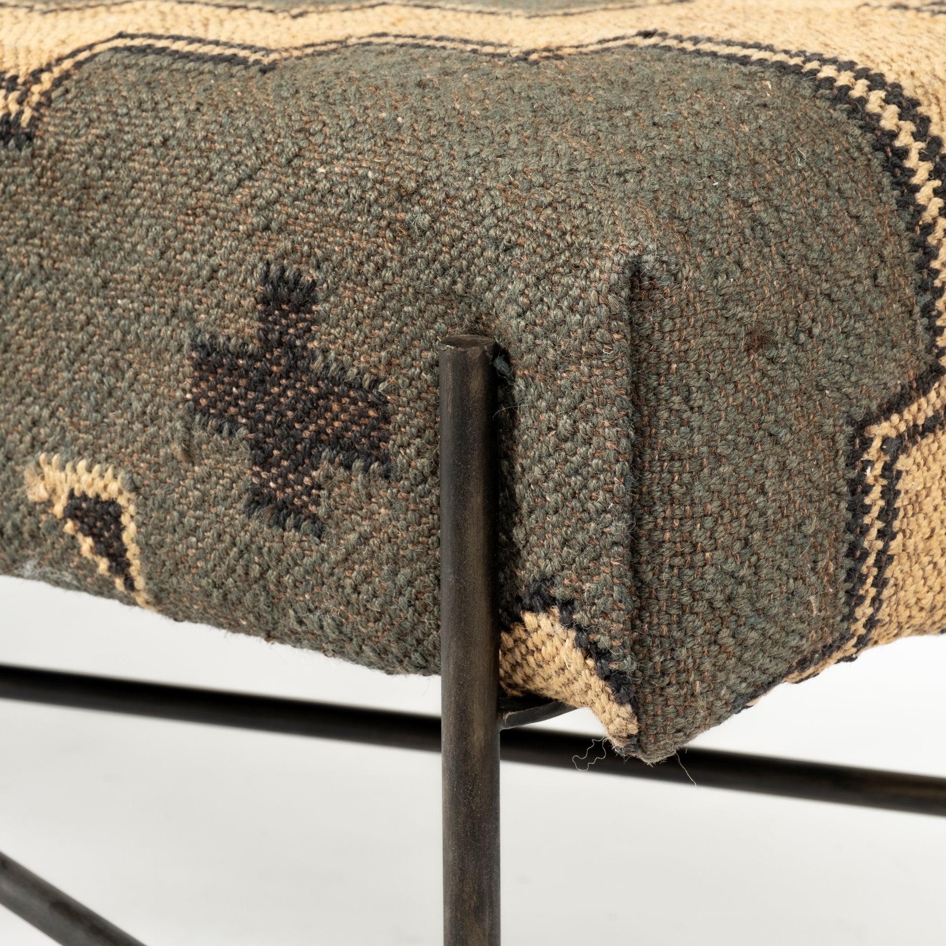 Rectangular Metal/Antiqued-Nickel Toned Base W/ Upholstered Tan Pattered Seat Accent Bench