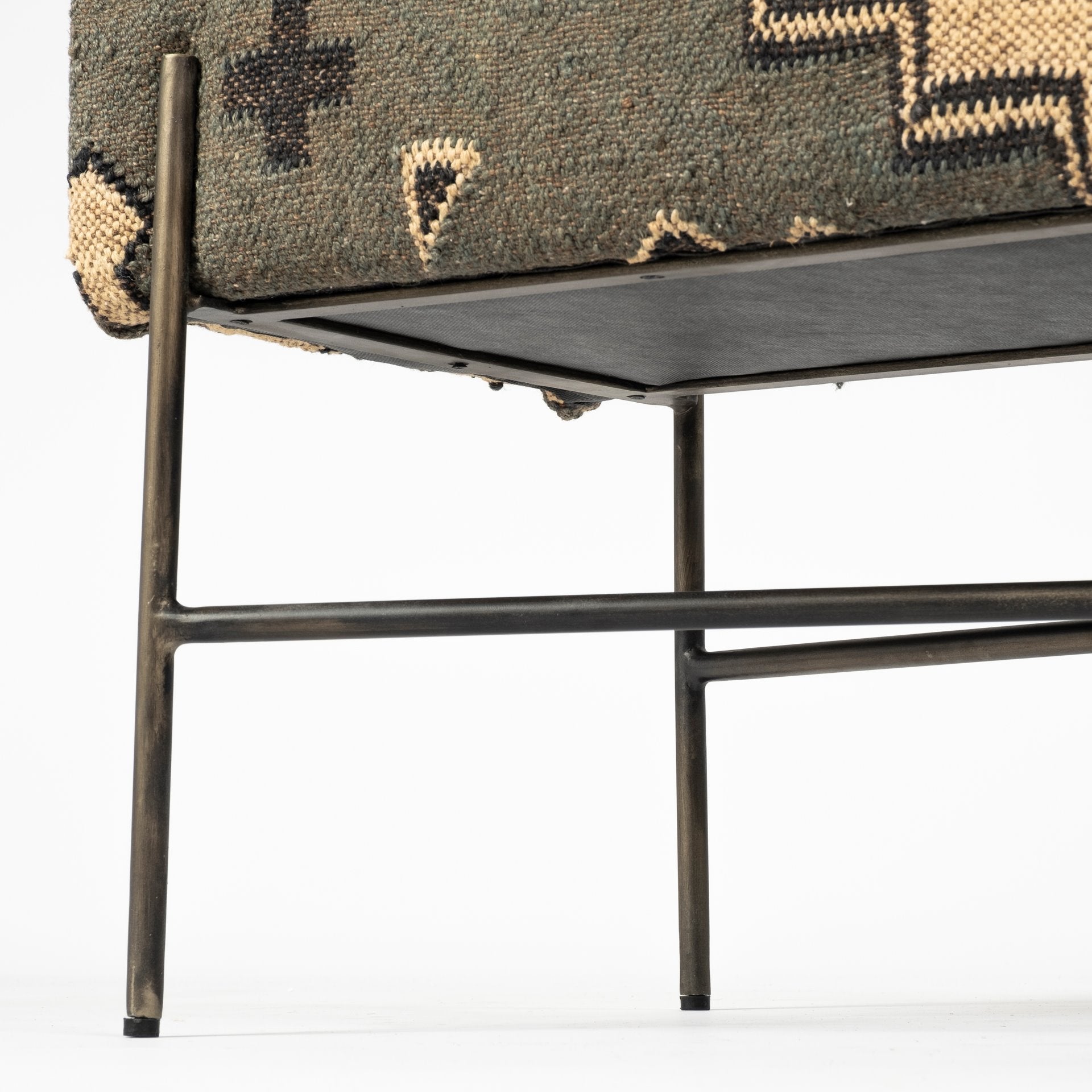 Rectangular Metal/Antiqued-Nickel Toned Base W/ Upholstered Tan Pattered Seat Accent Bench
