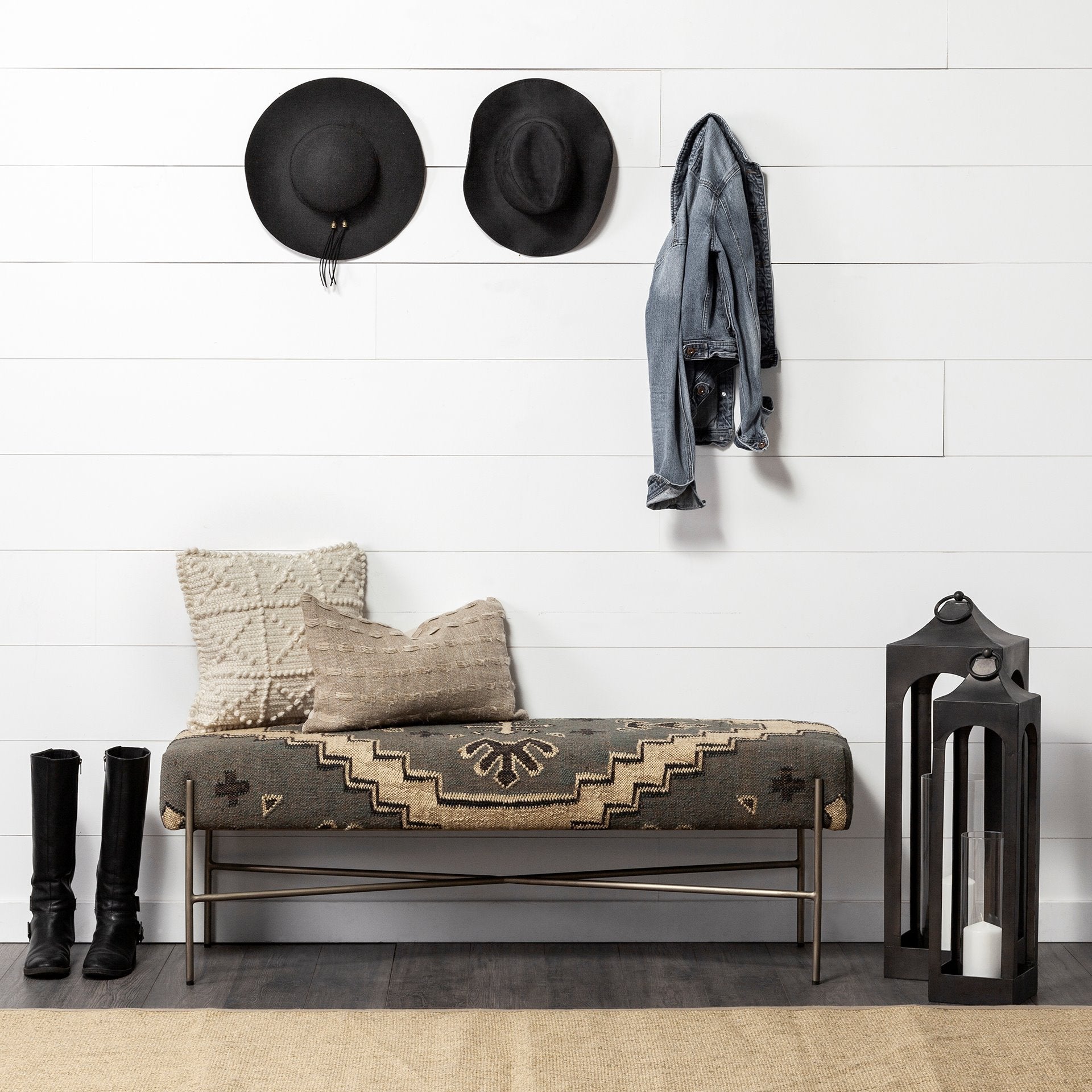 Rectangular Metal/Antiqued-Nickel Toned Base W/ Upholstered Tan Pattered Seat Accent Bench