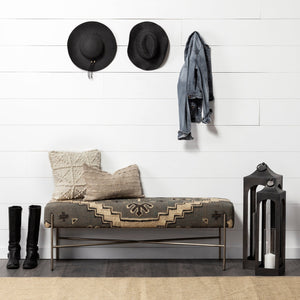 Rectangular Metal/Antiqued-Nickel Toned Base W/ Upholstered Tan Pattered Seat Accent Bench