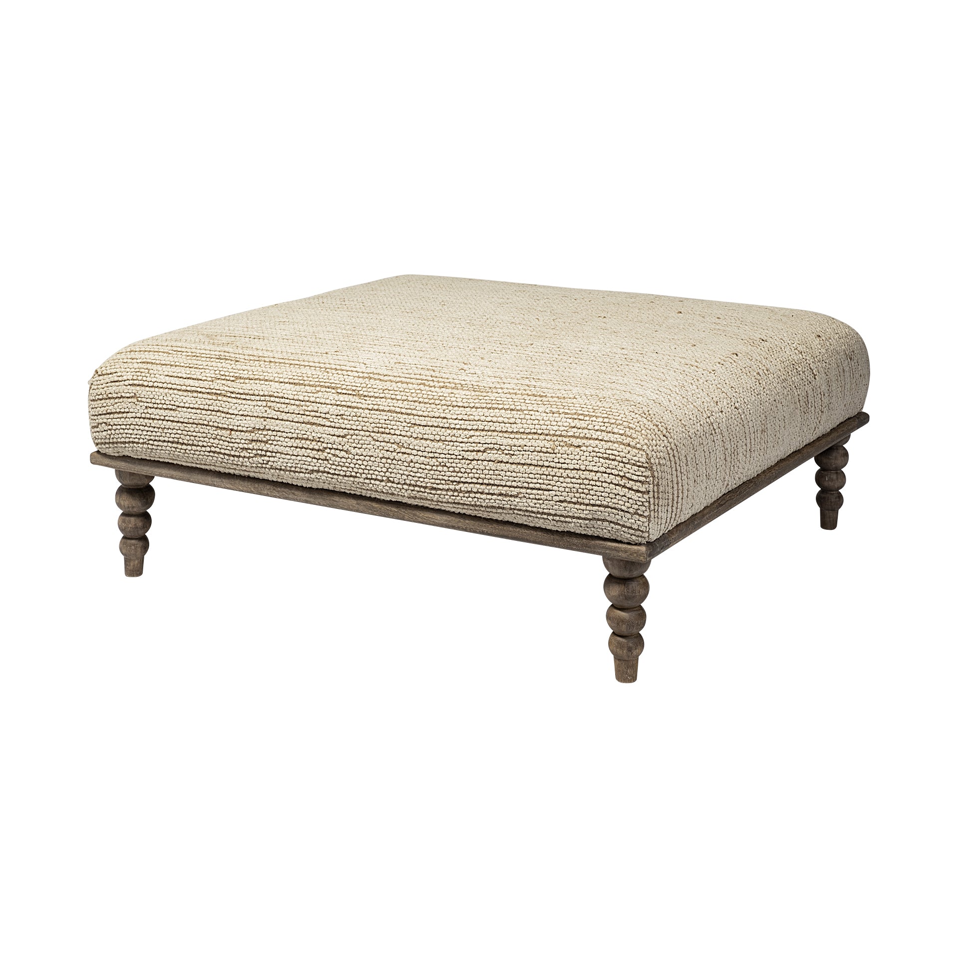 Square Indian Mango Wood/Natural-Brown Polished W/ Upholstered Cream Seat Accent Bench