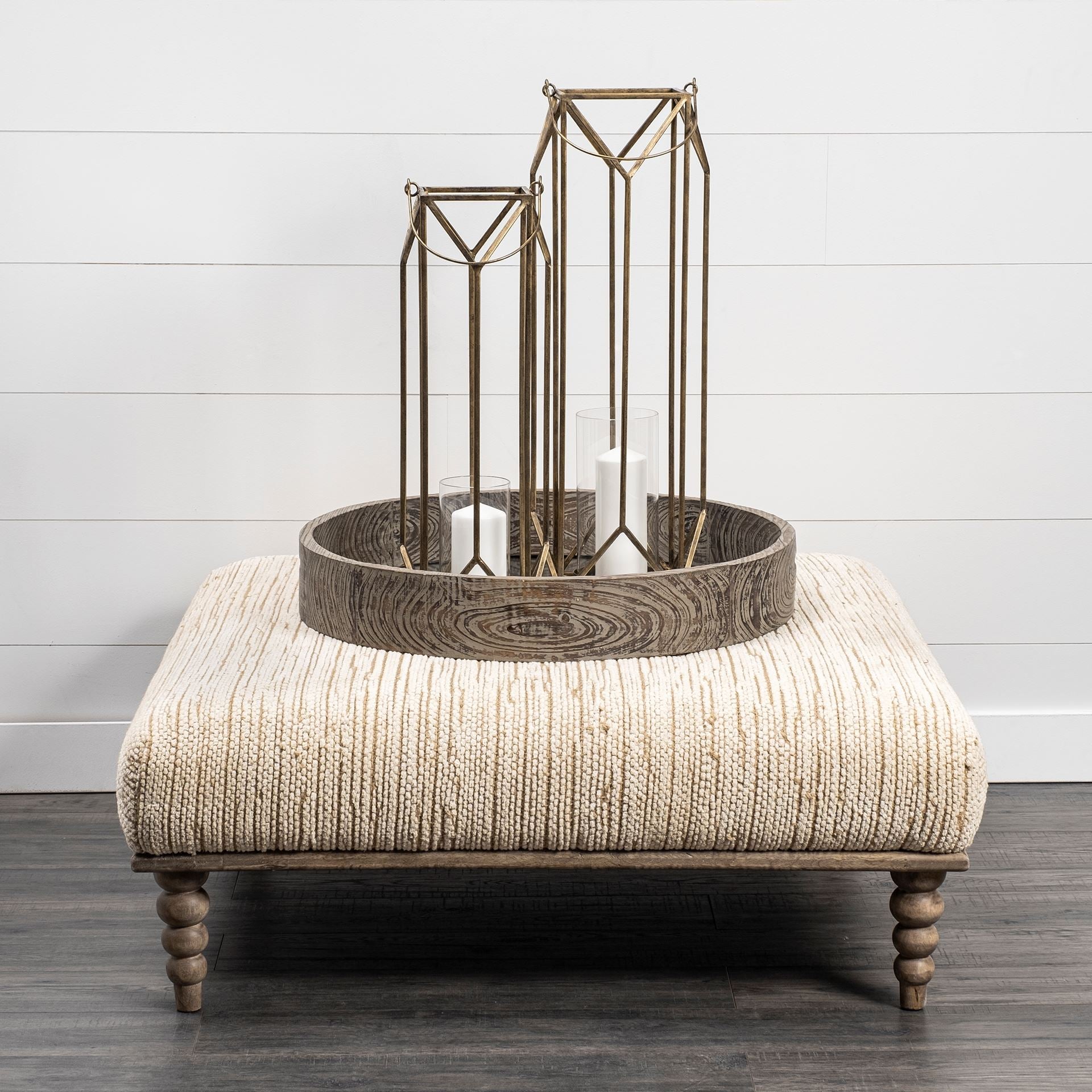 Square Indian Mango Wood/Natural-Brown Polished W/ Upholstered Cream Seat Accent Bench