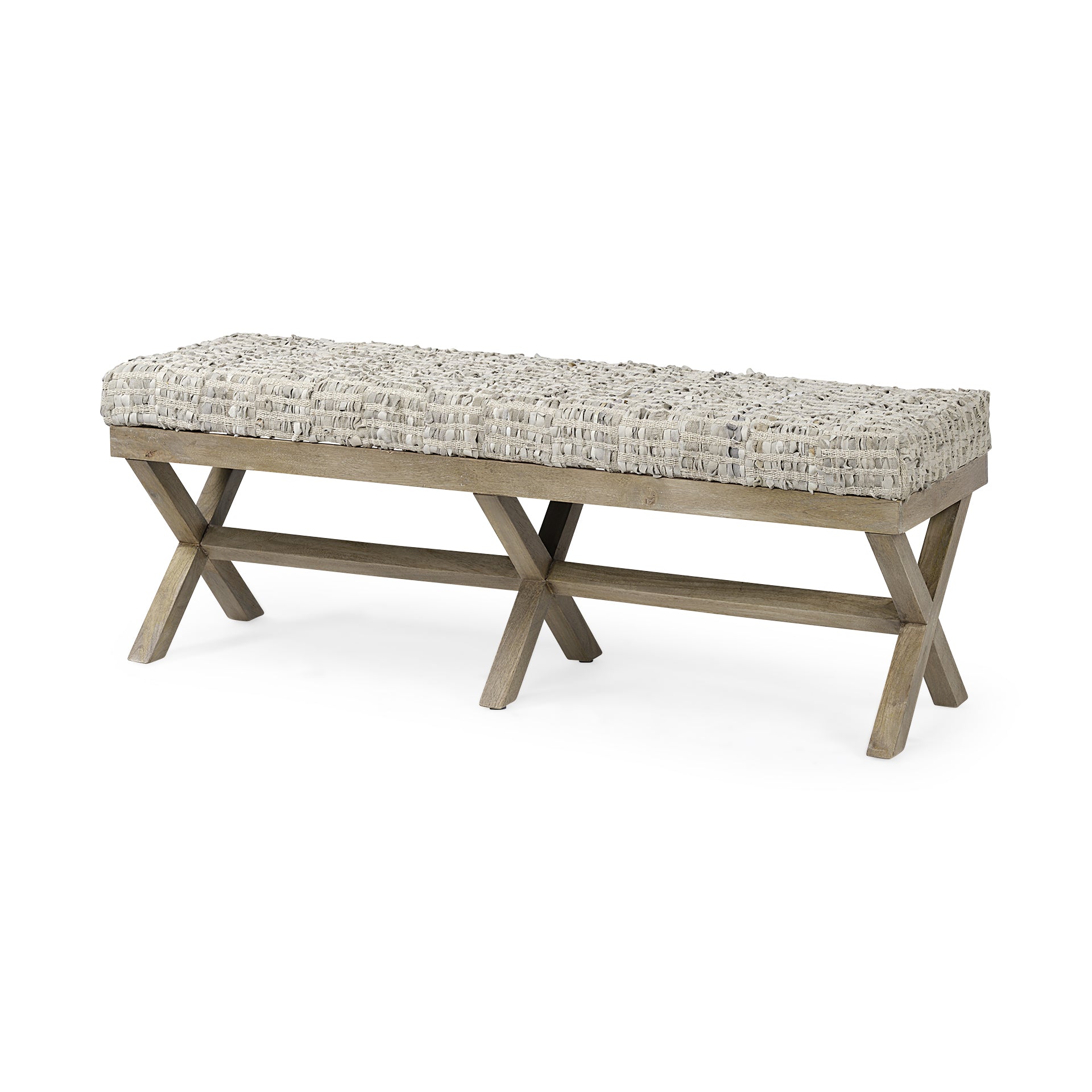 Rectangular Indian Mango Wood/ Light Brown Base W/ Beige-Toned Woven Leather Cushion Accent Bench