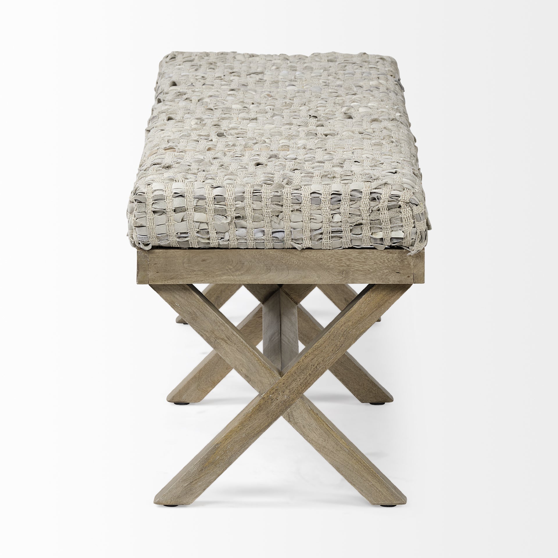 Rectangular Indian Mango Wood/ Light Brown Base W/ Beige-Toned Woven Leather Cushion Accent Bench
