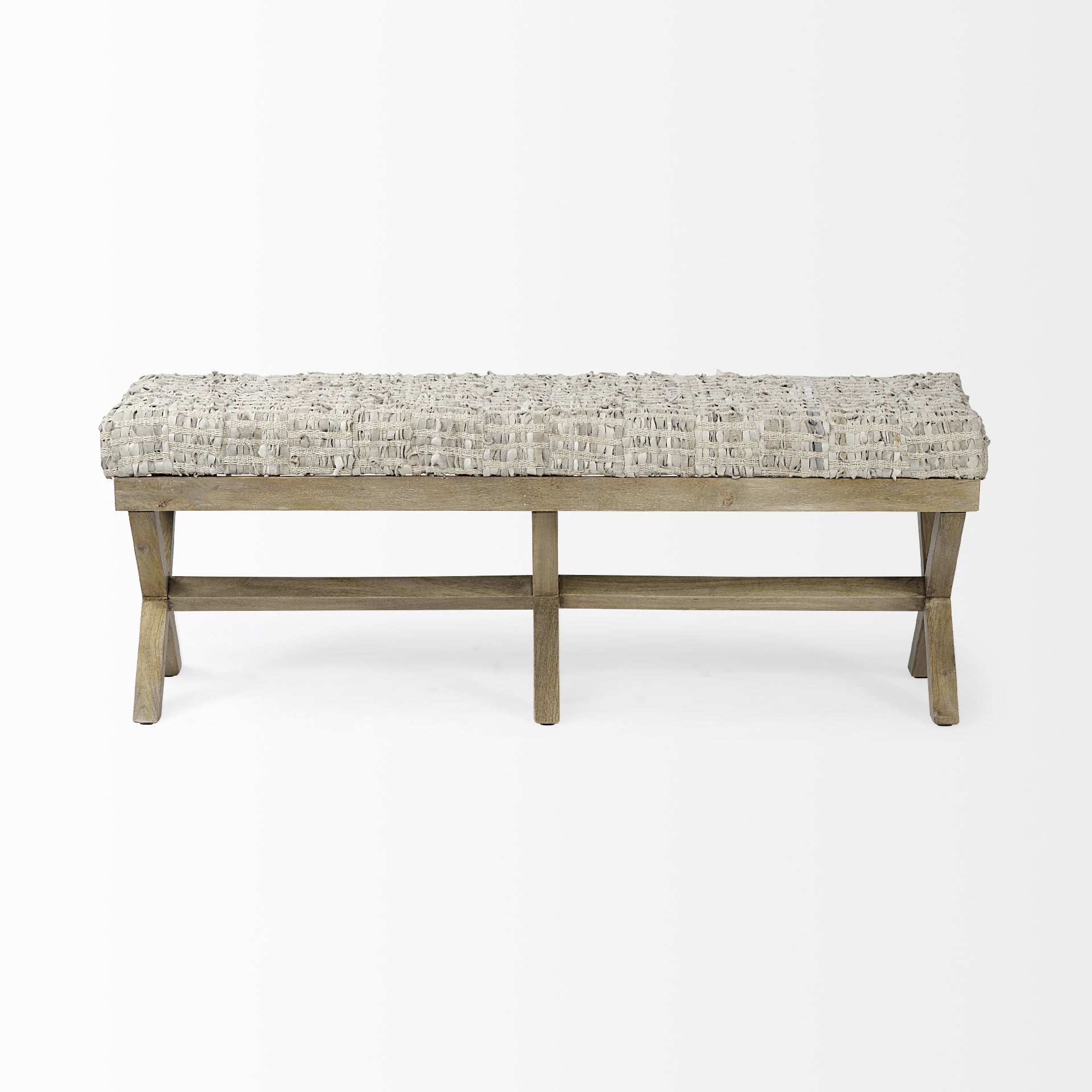 Rectangular Indian Mango Wood/ Light Brown Base W/ Beige-Toned Woven Leather Cushion Accent Bench