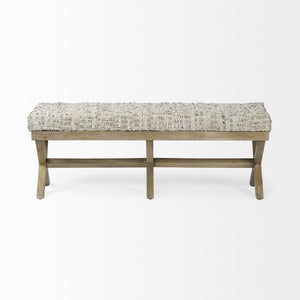 Rectangular Indian Mango Wood/ Light Brown Base W/ Beige-Toned Woven Leather Cushion Accent Bench