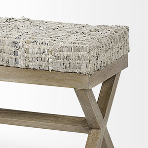 Rectangular Indian Mango Wood/ Light Brown Base W/ Beige-Toned Woven Leather Cushion Accent Bench