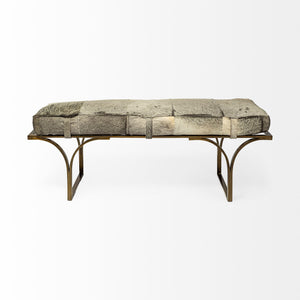Rectangular Metal/Antique Brass W/ Grey-Toned Hair-On-Leather Seat Accent Bench