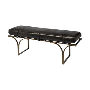 Rectangular Metal/Antiqued-Gold Black Genuine Leather Seat Accent Bench
