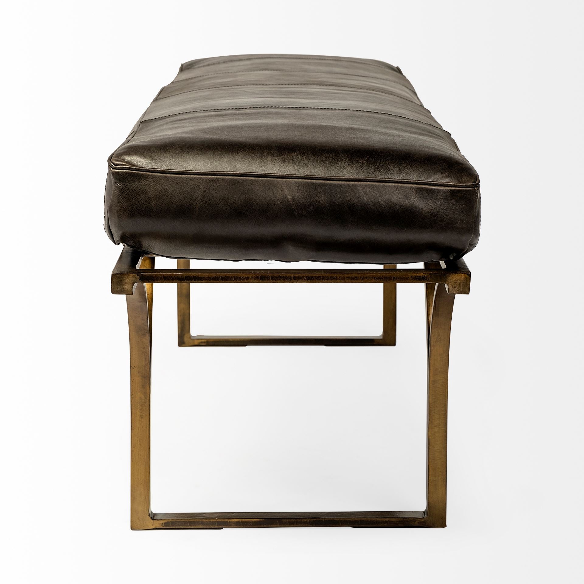 Rectangular Metal/Antiqued-Gold Black Genuine Leather Seat Accent Bench