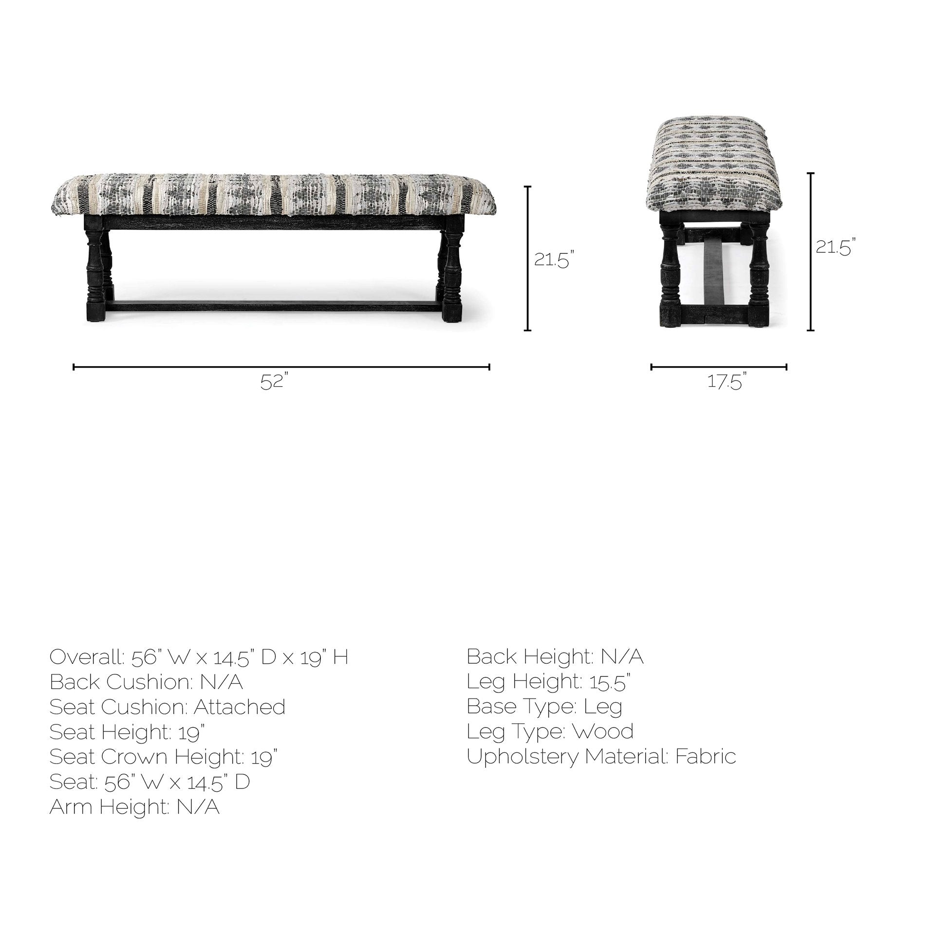 Rectangular Indian Mango Wood/Black W/ Woven-Leather Cushion Top Accent Bench