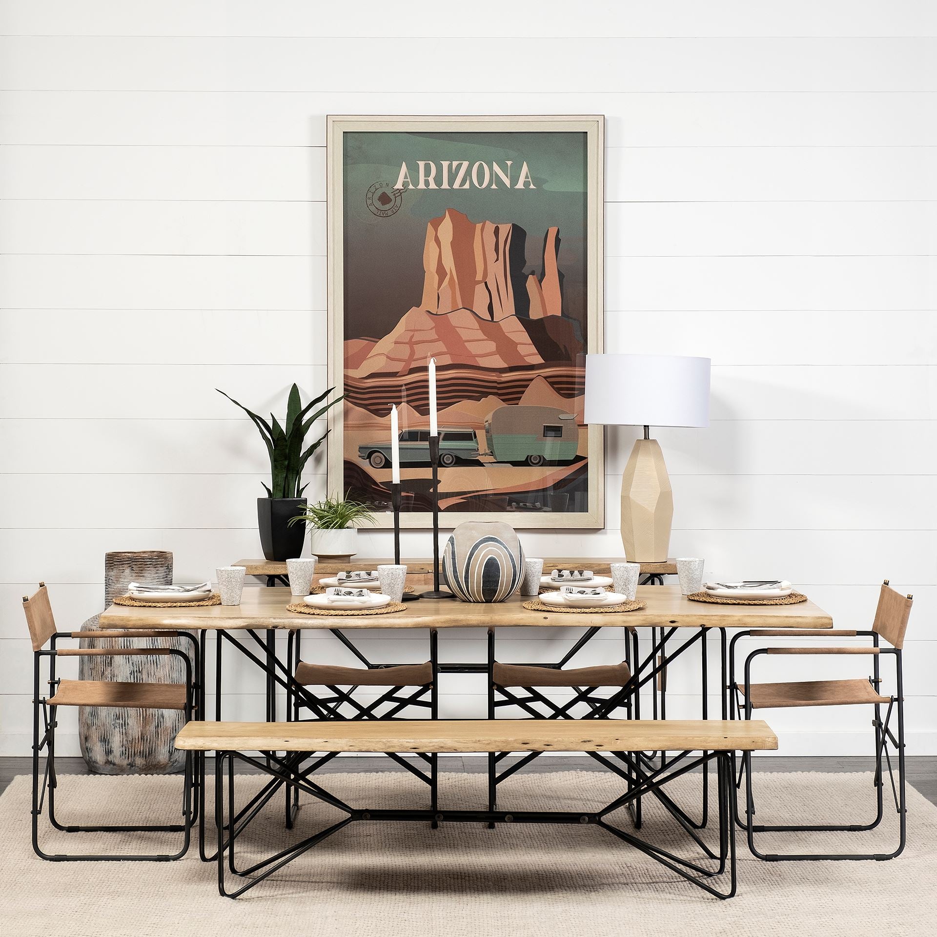 Rectangular Acacia Wood/Black Solid Iron Base Dining Bench