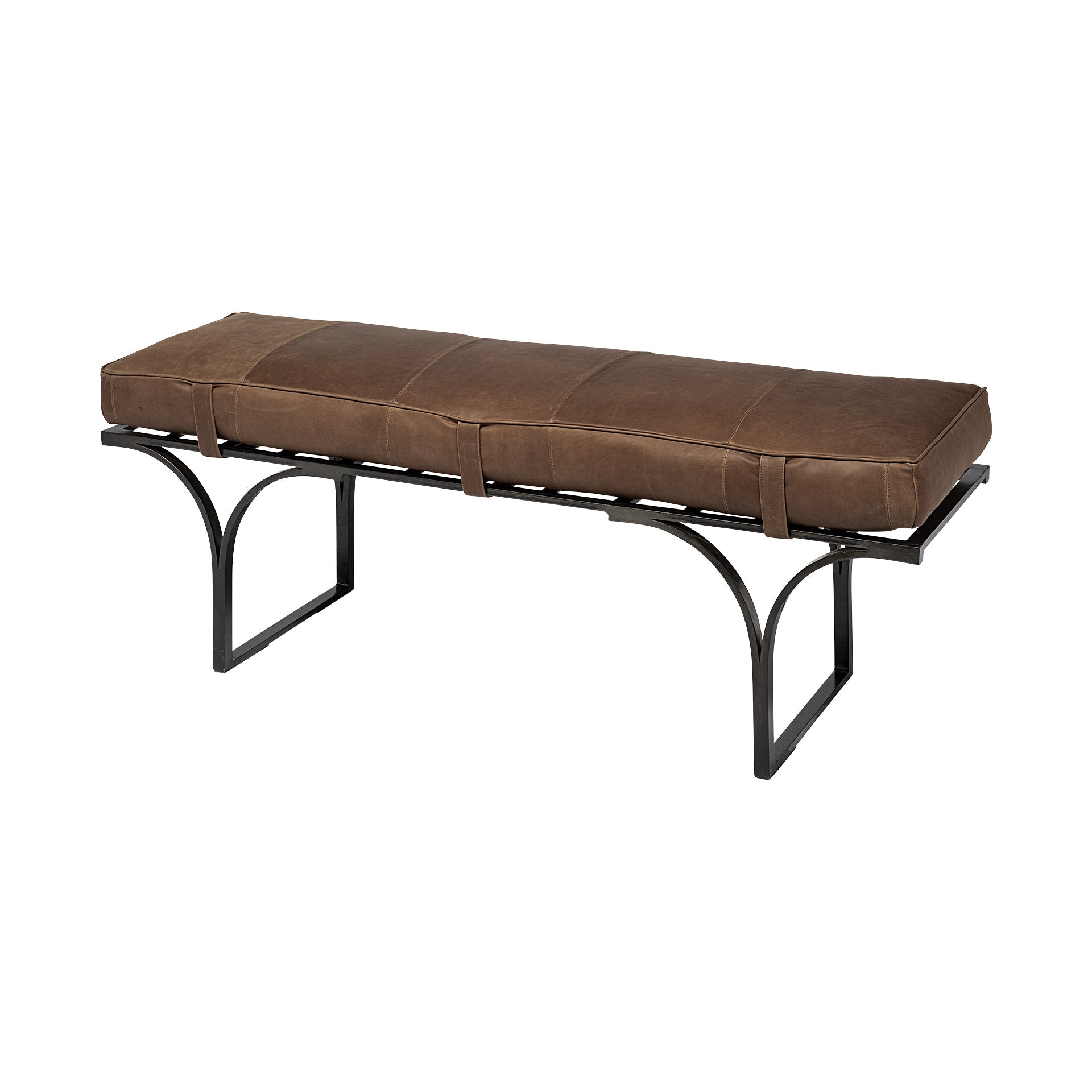 Rectangular Metal/Matte-Black Antiqued Brown Genuine Leather Seat Accent Bench